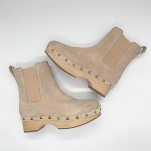 J. Crew Faux-fur Lined Clog Suede Boots Womens Size 6.5‎ Beige Wood Sole Chelsea
